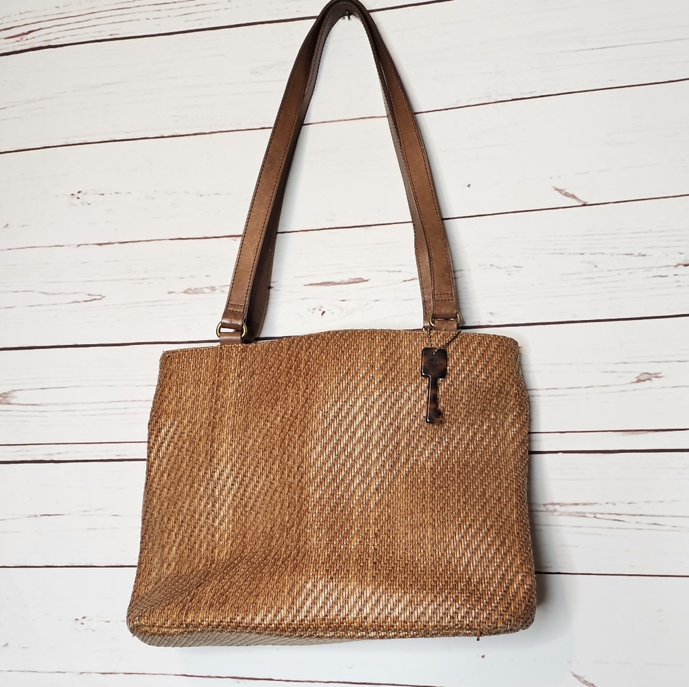 Fossil Brown Woven Shoulder Bag with Leopard Print Key Tag - Picture 3 of 16